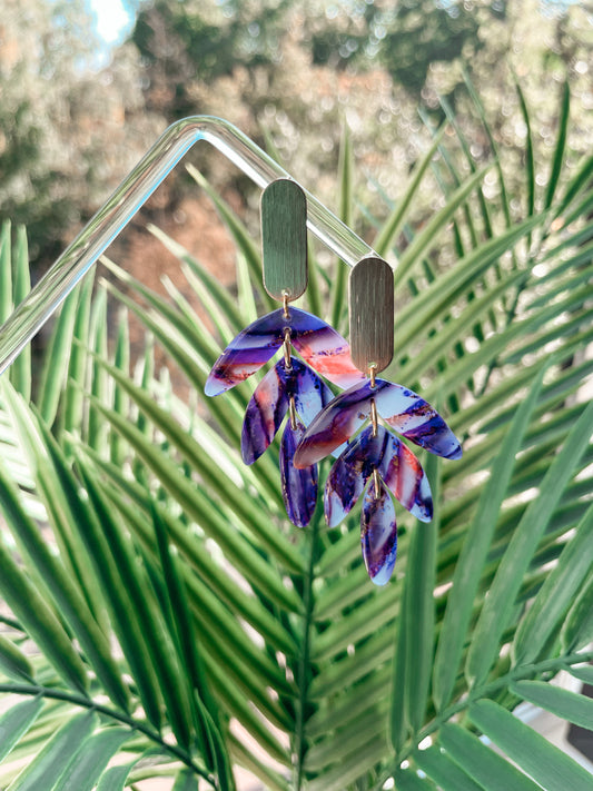 Purple marble three piece leaf dangles