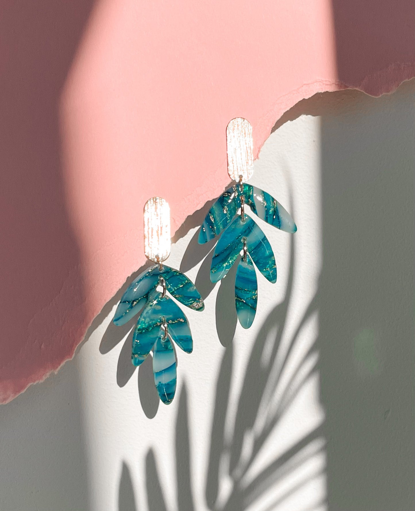 Teal marble three piece leaf dangles