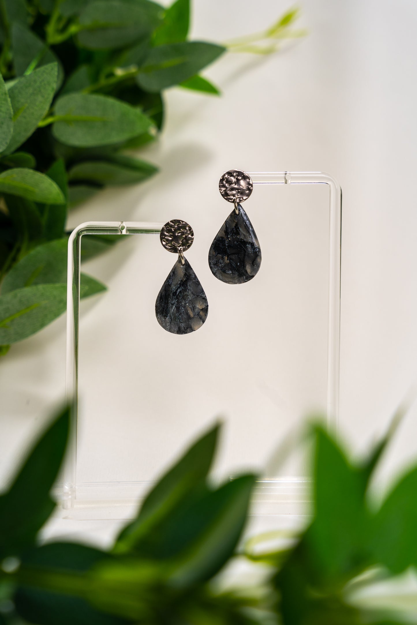 Black and silver marble drop dangles