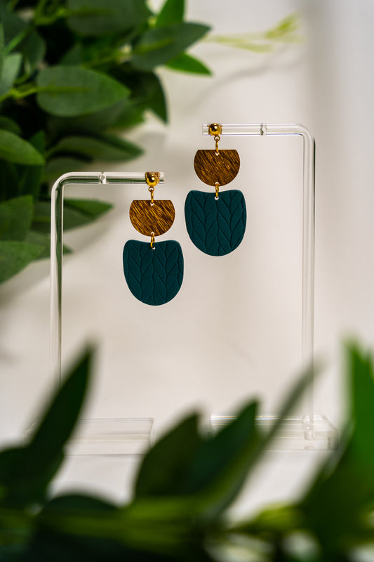 Teal embossed knitted dangles with round gold detail