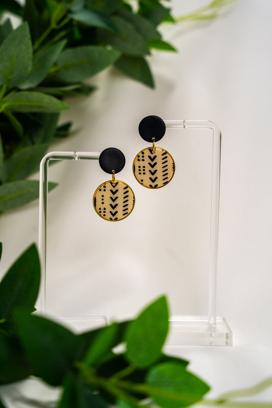 Circle black and beige tribal dangles